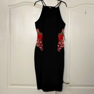 Bisou Bisou black fitted halter dress pink applique sides size 16, new